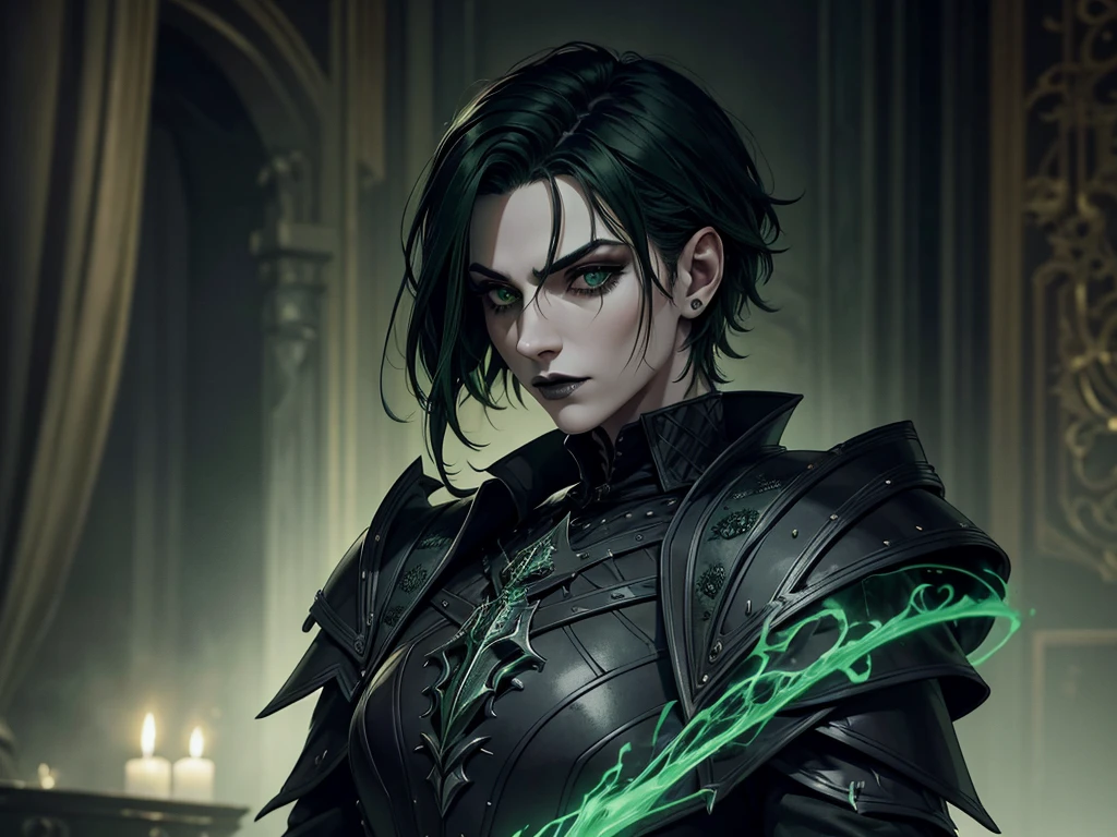 37:57 An adult vampire wizard character wearing a very detailed and beautiful gothic armor in black and green color his hair cut in a short style, black lip color, cor verde dos olhos;, manto, capuz, caminhando, 8k, Magnificent, Black and green gothic armor, capa