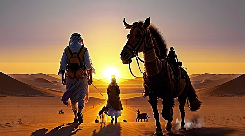deobandi aalim walking in the desert with his camel into the sunset