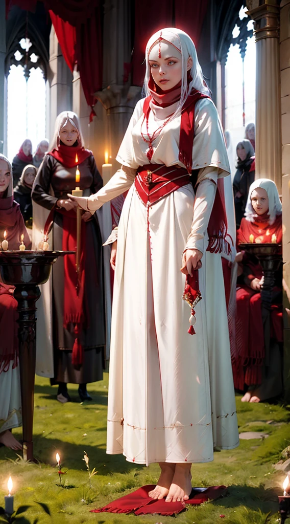 fair complexion, woman around 19 years old, natural white hair, distinctive red ruby eyes, wearing kohl, slender and graceful, beautiful, candlelight in a medieval setting, ultra sharp focus, realistic shot, medieval female clothes, tetradic colors (scarf:1.4), barefoot, soil, ground, grass, standing straight on grass