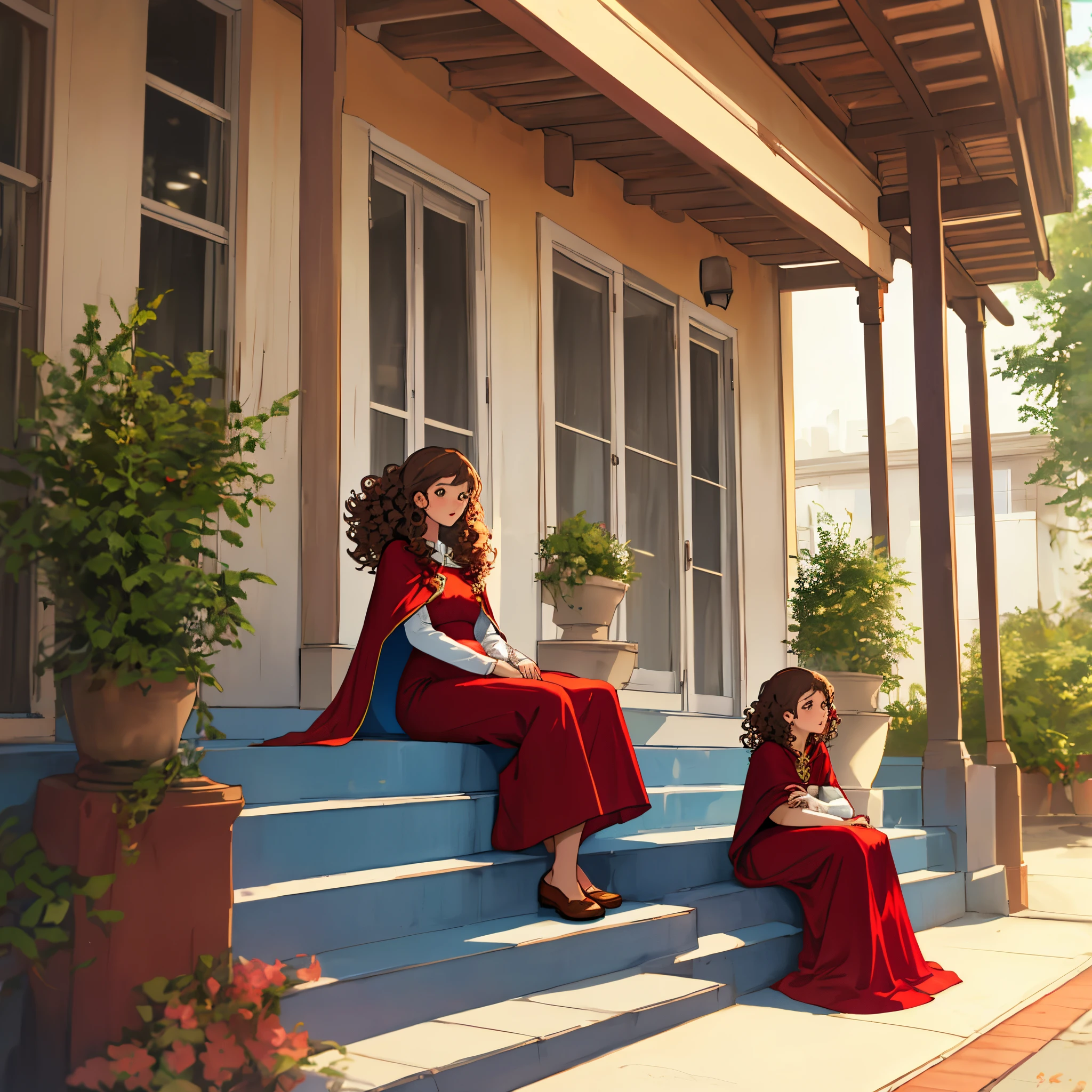 A curly brown haired girl in long red dress and red cape sitting outside in the veranda on the steps