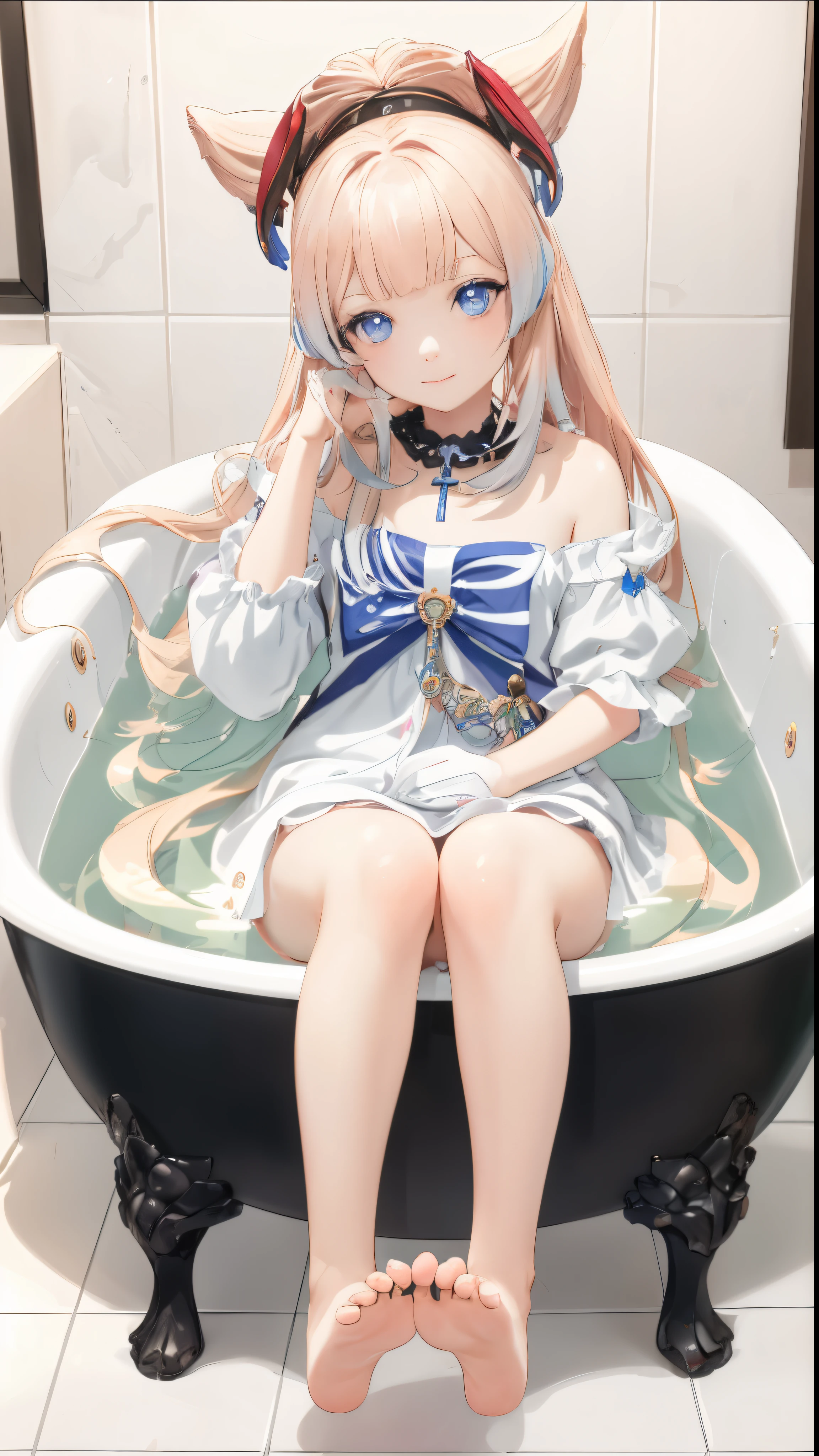 tmasterpiece,with a pure white background,8K art photography, realism concept art, Soft, Natural volume cinematic perfect light, epic, Popular topics on artstationh, a vibrant one, production cinematic character render, super high-quality model, lightand shade contrast,Anime girl sitting cross-legged in the bathtub,Bareleged,Bigchest,Bareleged,The barefoot,Hand detail, five finger,perfect eyes,eyes are very detailed,with a round face, up of young anime girl, anime vibes