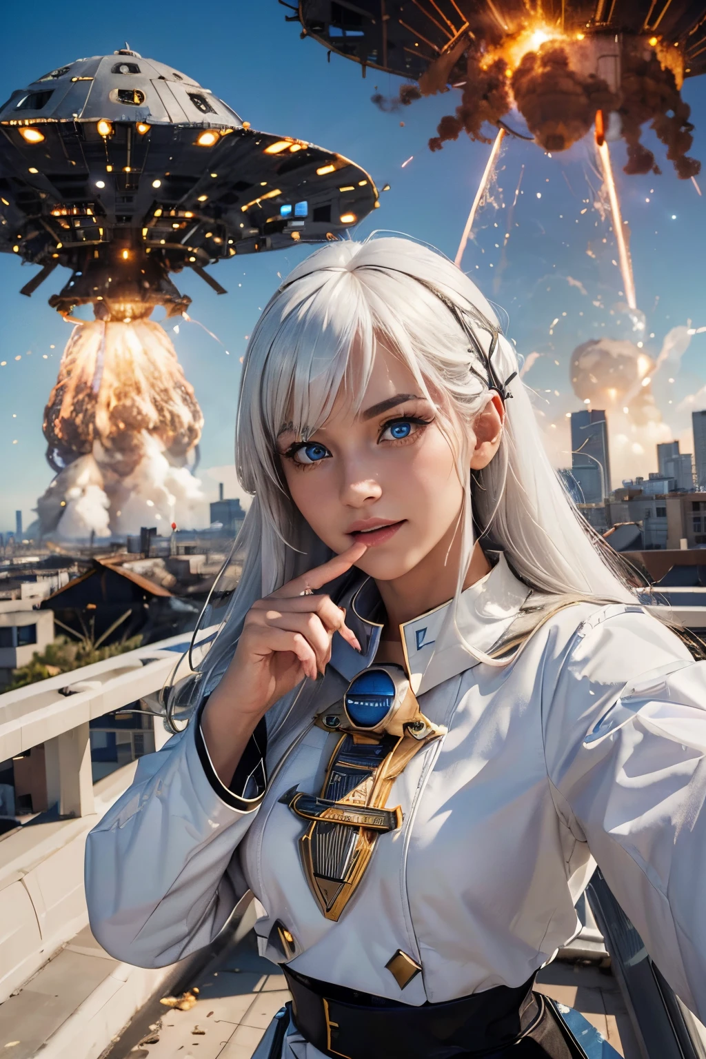 (((tmasterpiece))), (best quality), (highres), (ultra details), extreme quality, sharp focus, (bright colors), (((2 beautiful school girls taking face selfie instagram photo))), expression of surprise face, smile, scream, (((white hair))), (bangs), blue eyes, (shining eyes,highly detailed eyes), long eyelashes, thin eyebrows, (((point finger to blue sky background), (mothership UFO to destroy explosion the city))), standing on roof of the building, from below, from behind, face zoom up