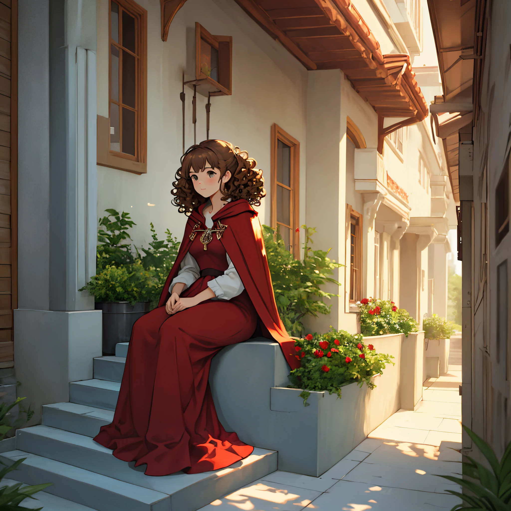 A curly brown haired girl in long red dress and red cape sitting outside in the veranda on the steps