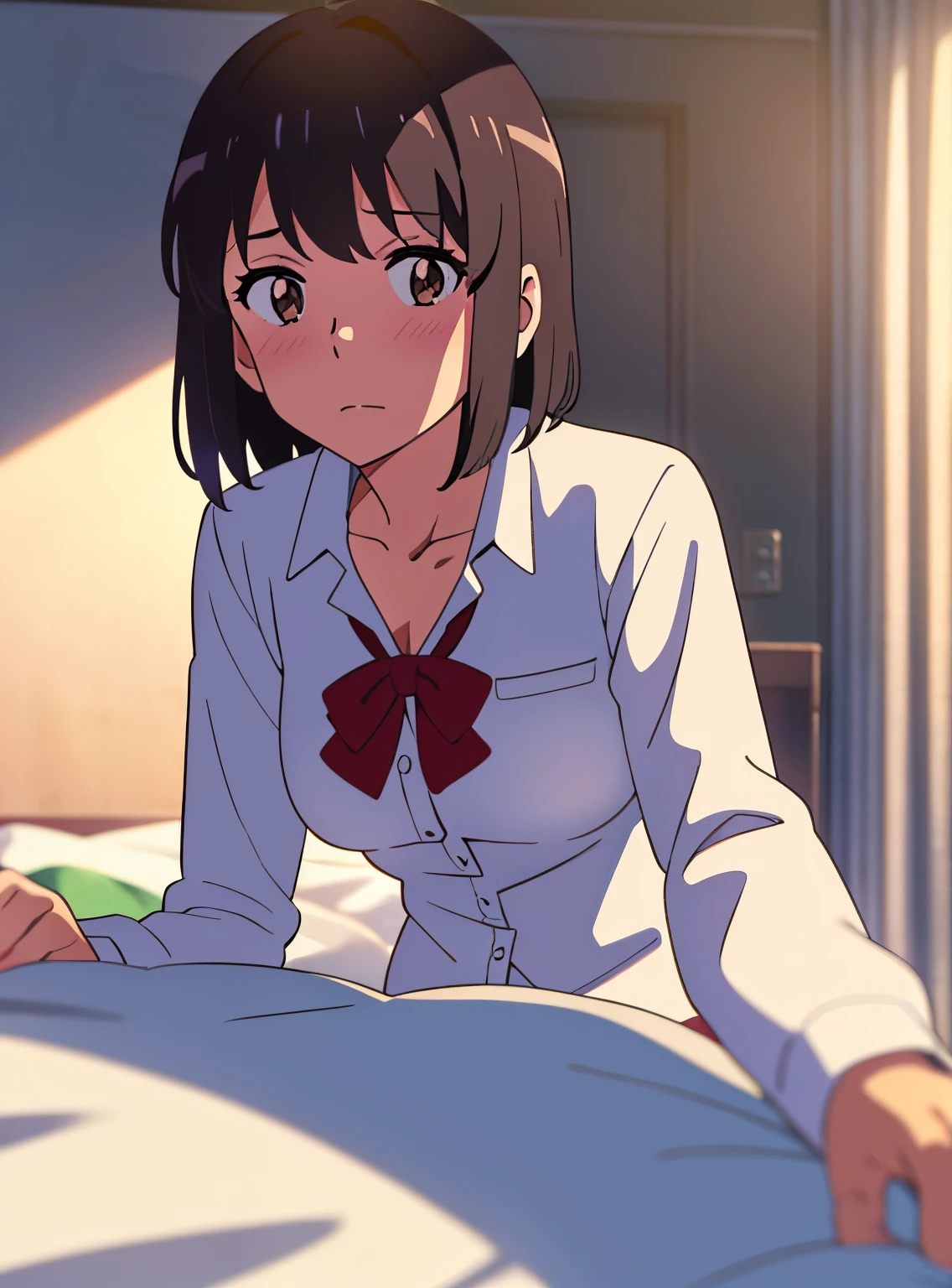 shinkai makoto, kimi no na wa., 1girl, bangs, bed sheet, black hair, blush, breasts, medium breast, brown eyes, collarbone, red bow, white long sleeve with button, short hair, solo, upper body, cowboy shot, lying, medium breasts, collared shirt, open shirt, solo, bedroom, pov