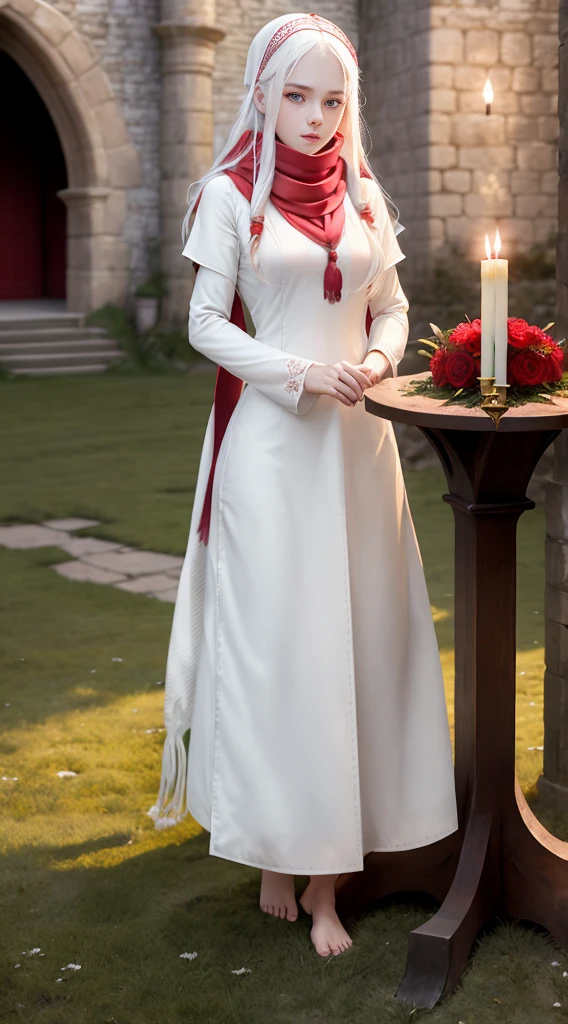 fair complexion, woman around 19 years old, natural white hair, distinctive red ruby eyes, wearing kohl, slender and graceful, beautiful, candlelight in a medieval setting, ultra sharp focus, realistic shot, medieval female clothes, tetradic colors (scarf:1.4), barefoot, soil, ground, grass, standing straight on grass