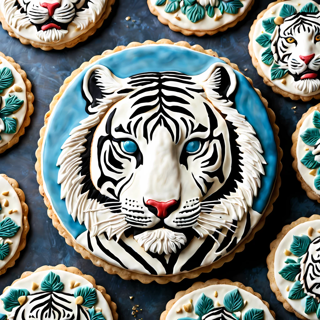 (shot from above:1.3) (close up:1.3), (large round cookie) adorned with an exquisite ((side view image of a walking white tiger)), the essence of a serene wildlife encounter, mesmerizing aerial shot of this cookie masterpiece, showcasing the intricate details of the tiger's fur and the surrounding (nature-inspired design)