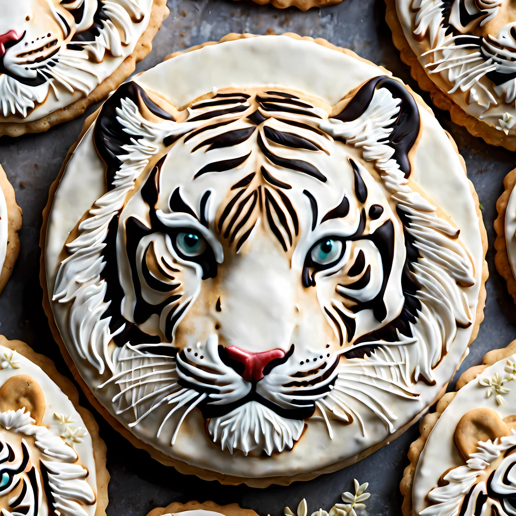 (shot from above:1.3) (close up:1.3), (large round cookie) adorned with an exquisite (side view image) of a white tiger, the essence of a serene wildlife encounter, mesmerizing aerial shot of this cookie masterpiece, showcasing the intricate details of the tiger's fur and the surrounding nature-inspired design