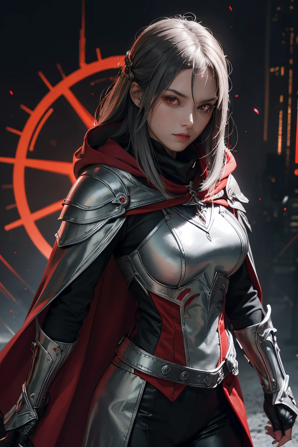 Assassin,silver and black and red helmet close face,red eye,black costume,silver armor,red short cloak,red and silver glove