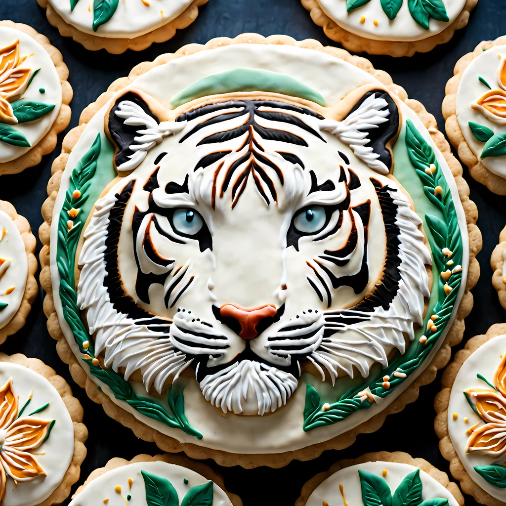 (shot from above:1.3) (close up:1.3), (large round cookie) adorned with an exquisite image of a white tiger, the essence of a serene wildlife encounter, mesmerizing aerial shot of this cookie masterpiece, showcasing the intricate details of the tiger's fur and the surrounding nature-inspired design