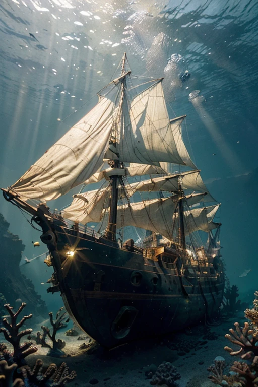 Divers exploring a sunken sailing ship,underwater,diving equipment,ocean exploration,marine life,treasure hunting,ancient shipwreck,mysterious atmosphere,detailed divers,coral reefs,colorful fishes,sun rays illuminating the scene,shipwreck artifacts,underwater photography,crystal clear water,ship's mast,divers swimming gracefully,hidden treasures,gold coins,pirate's curse,exploring the unknown,adventure,shipwreck discovery. (best quality,4k,8k,highres,masterpiece:1.2),ultra-detailed,(realistic,photorealistic,photo-realistic:1.37),HDR,UHD,underwater lighting vivid colors,bokeh