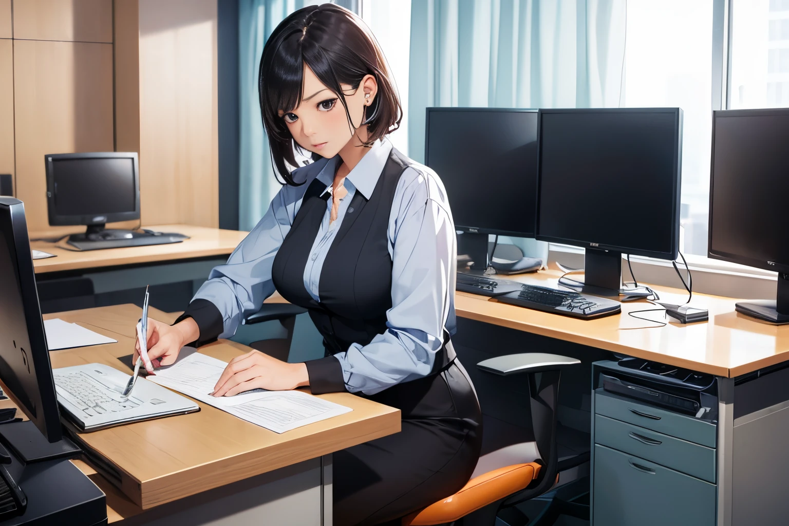 Office lady working on a computer at her office desk、1girl in, serious