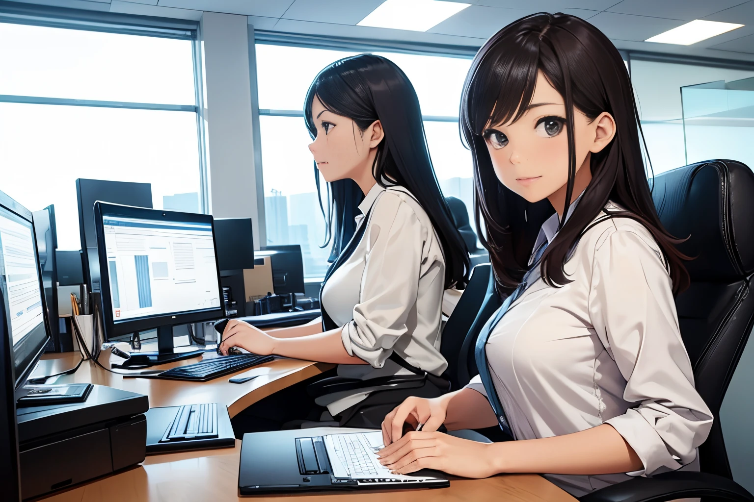 Office lady working on a computer at her office desk、1girl in, serious