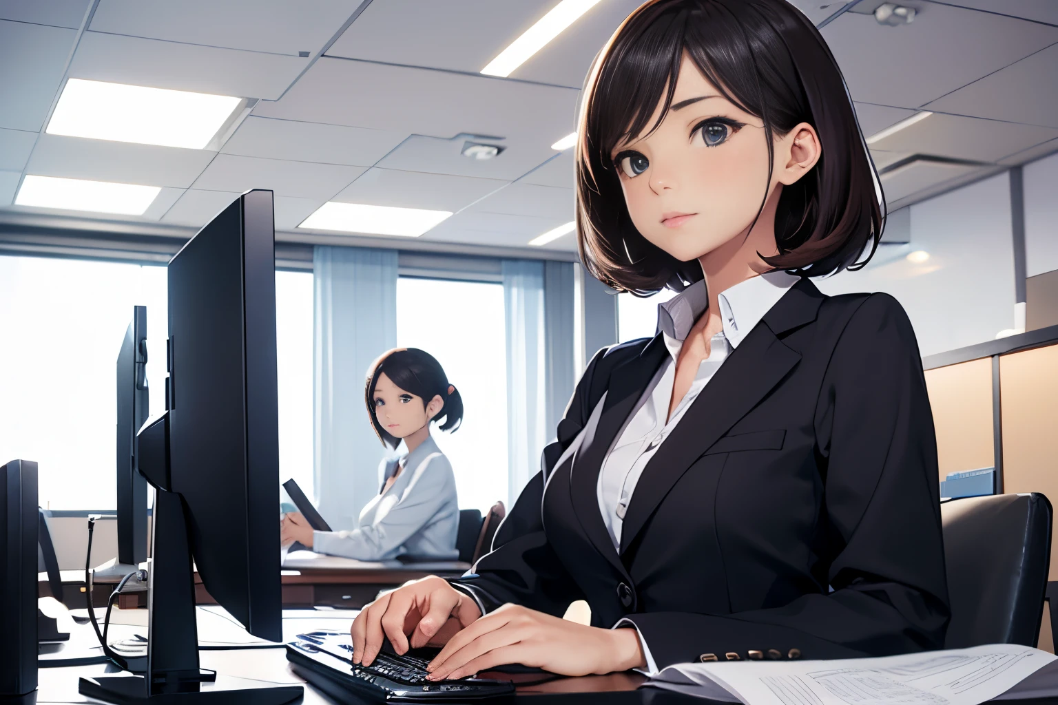 Office lady working on a computer at her office desk、1girl in, serious