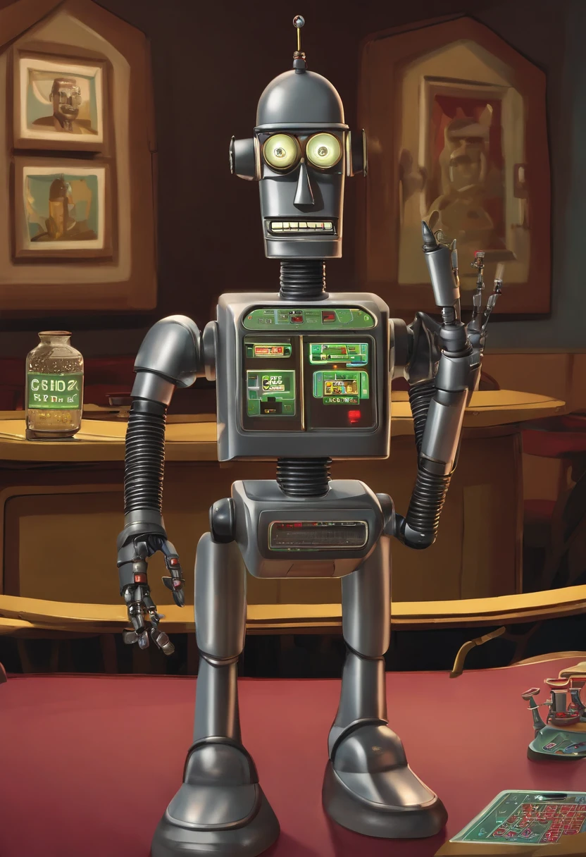 A photo of Bender at a robot blackjack table,Futurama,He often has a beer and cigar. Being that he is a robot, he doesn’t wear clothes. He is gray and made of simple geometric shapes. His arms are flexible tubes. His body has a "shiny metal ass", two legs, two "Extens-o-matic" arms (right called "Gropie" and left "Cheatie" by Bender) with three fingers each, a head with two replaceable eyes shaped like light-emitting diodes, and a mouth used for fuel intake and voice communication. , male