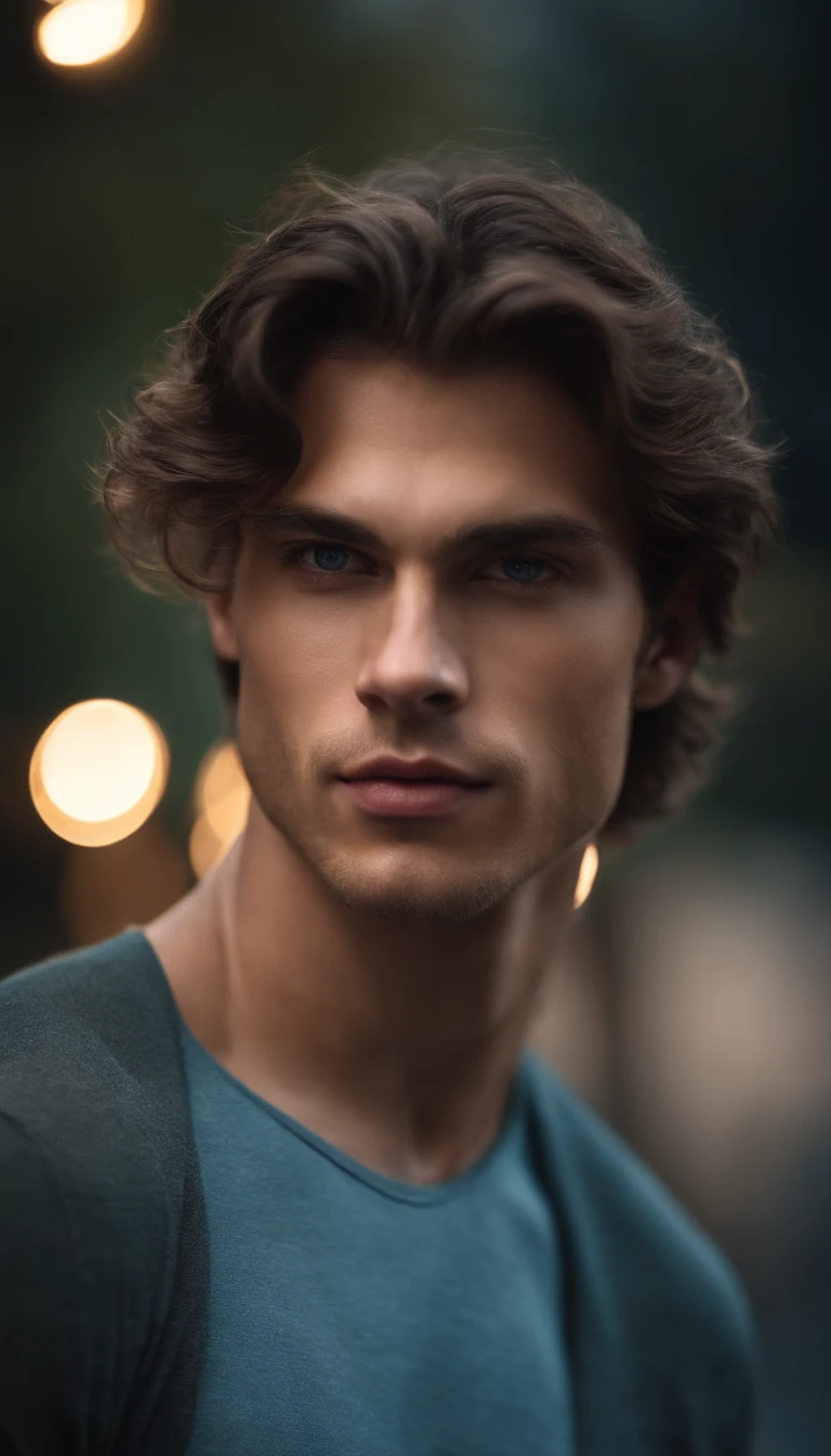 Portrait of a handsome male model, 20 years old, shirtless, with no beard, with dark and messy wavy hair, super light blue eyes, thick lips, defined muscles, fit, ripped body, close up, ultra high detailed face, realistic, Darmatic lighting, fraca light