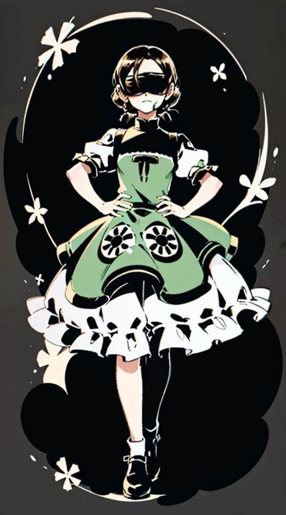 1 girl, ((masterpiece, sidelighting, beautiful eyes: 1.2), ultra-detailed, ultra high res, professional lighting, high quality makeup, beautiful detailed eyes), (best-quality:0.8), perfect anime illustration,  beautiful, flat color background, simple background, full body ,  looking_at_viewer, solo, (full body:1.5), brown hair, dark brown eyes, (small breasts:1.1), solo,HuasaChile, Huasachina,  shash, puffy dress, dress, puffy short sleeves, pantyhose, black footwear, floral print, print dress, hand on hip, handkerchief,toph, (blind:1.5)