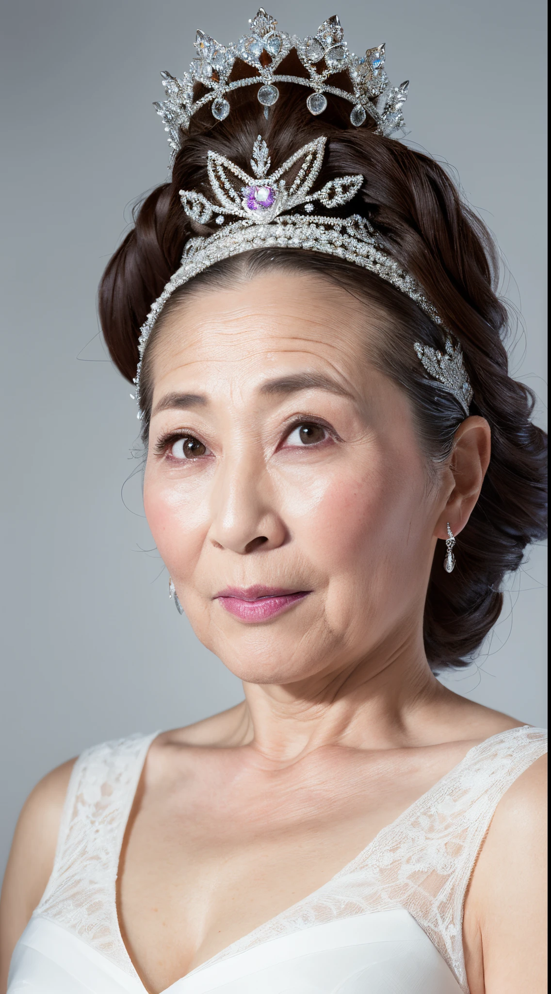 Remove Background, gravure, facing front, Wearing a tiara, from the chest up, masterpiece, Best Quality, Ultra-detailed, Photorealistic, super detailed skin, Perfect Anatomy, (1 japanese mature woman), (Solo), 95 years old, Large breasts, Mature Woman Politician, glamor, A sexy, Chromo-white skin, Looking at Viewer