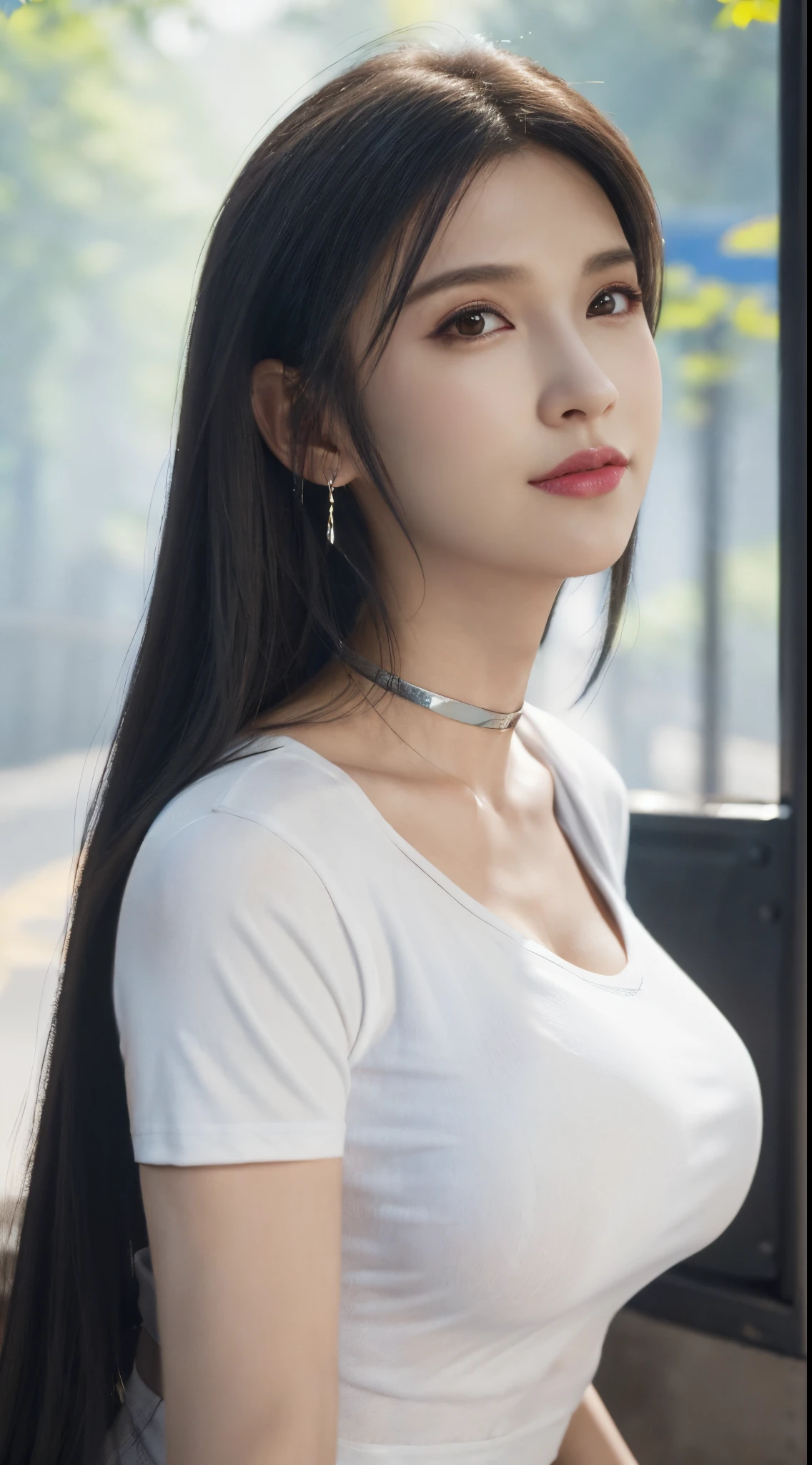 8K,hyper HD,tmasterpiece, Best quality at best, cinematic Film still from, 1 plump girl, the street, Low-cut transparent dress, Colossal tits,Colossal tits,Bigchest,low chest, Close-up cleavage, bright, cheerfulness, Warm and soft lighting, (fog atmosphere: 0.7) no brassiere,(Low-cut T-shirt:1.3),Wear earrings,Excessive,ssmile, choker necklace,ln the forest