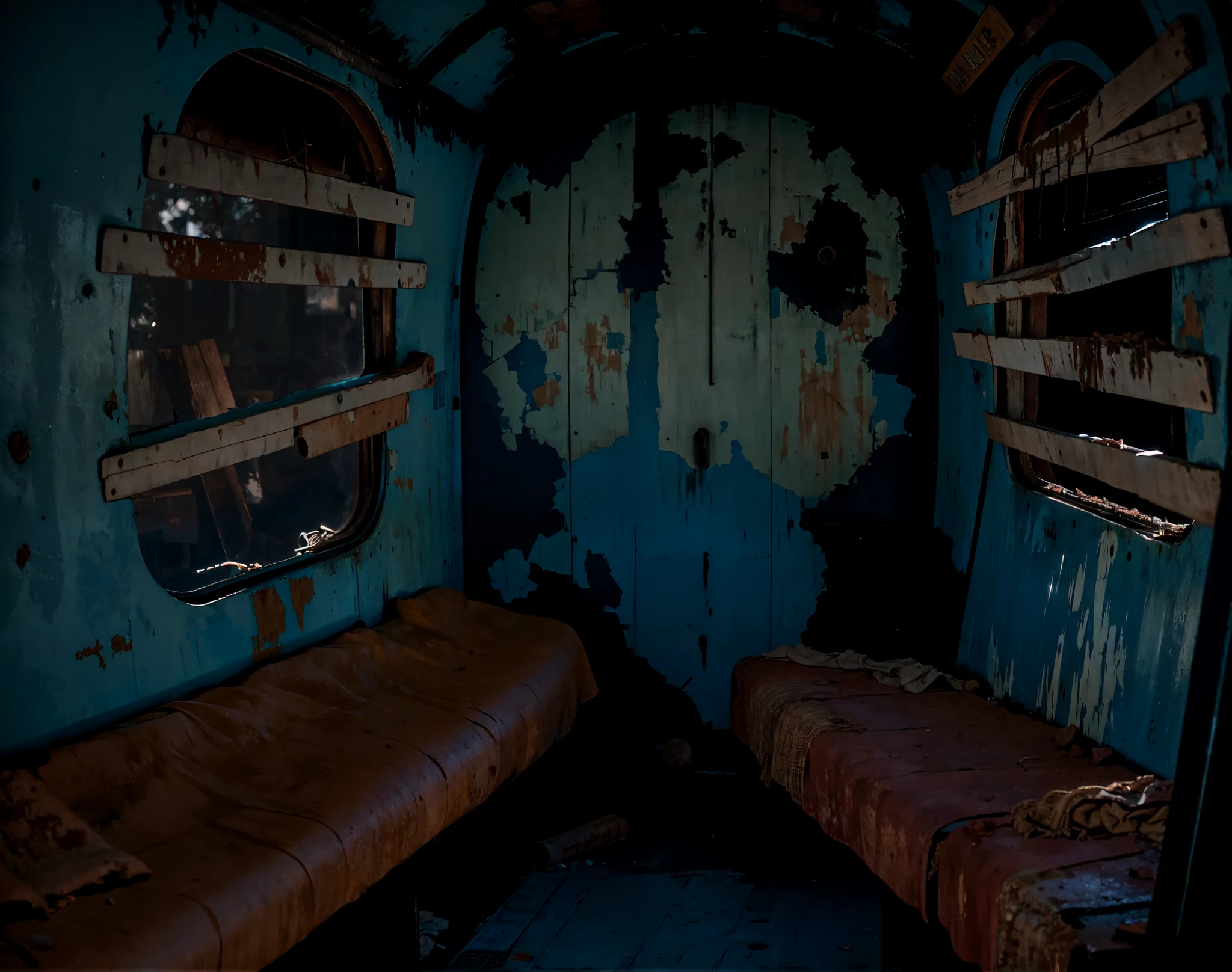 Abandoned train car, Vista desde el interior, hay dos rectangulares de cuero color vino., todo es viejo, Noche, extremely cold, The only window there is covered with old wood., oscuro, There are only two benches on the sides., the cabin is very small, train in terrible conditions, todo esta encerrado, oscuro, sin luz, viejo, roto, usado, atmosfera oscura, no hay luz que ilumine el lugar