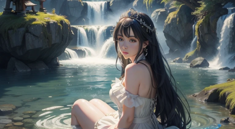 Anime girl in a white dress sitting in the water with a waterfall in the background, anime goddess, a beautiful fantasy empress, artwork in the style of guweiz, beautiful alluring anime woman, Trending on CGSTATION, guweiz, A beautiful maiden, goddess of Japan, Very detailed ArtGerm, guweiz masterpiece, ruan jia and artgerm, Smooth Anime CG Art
