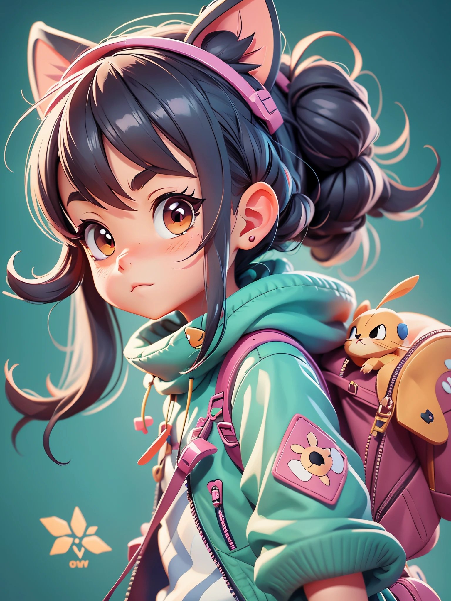 A girl with a backpack and a cat in an anime style portrait, children's art station, mini cute girl adventurer, programmatically generated anime, insect trainer girl, adorable and intricate digital art, 3D rendering in anime style, illustration of Pokémon, cute digital painting, adorable characters, misty atmosphere of Pokémon, Pokémon art style, 8k 3D rendered character artwork, detailed fan art