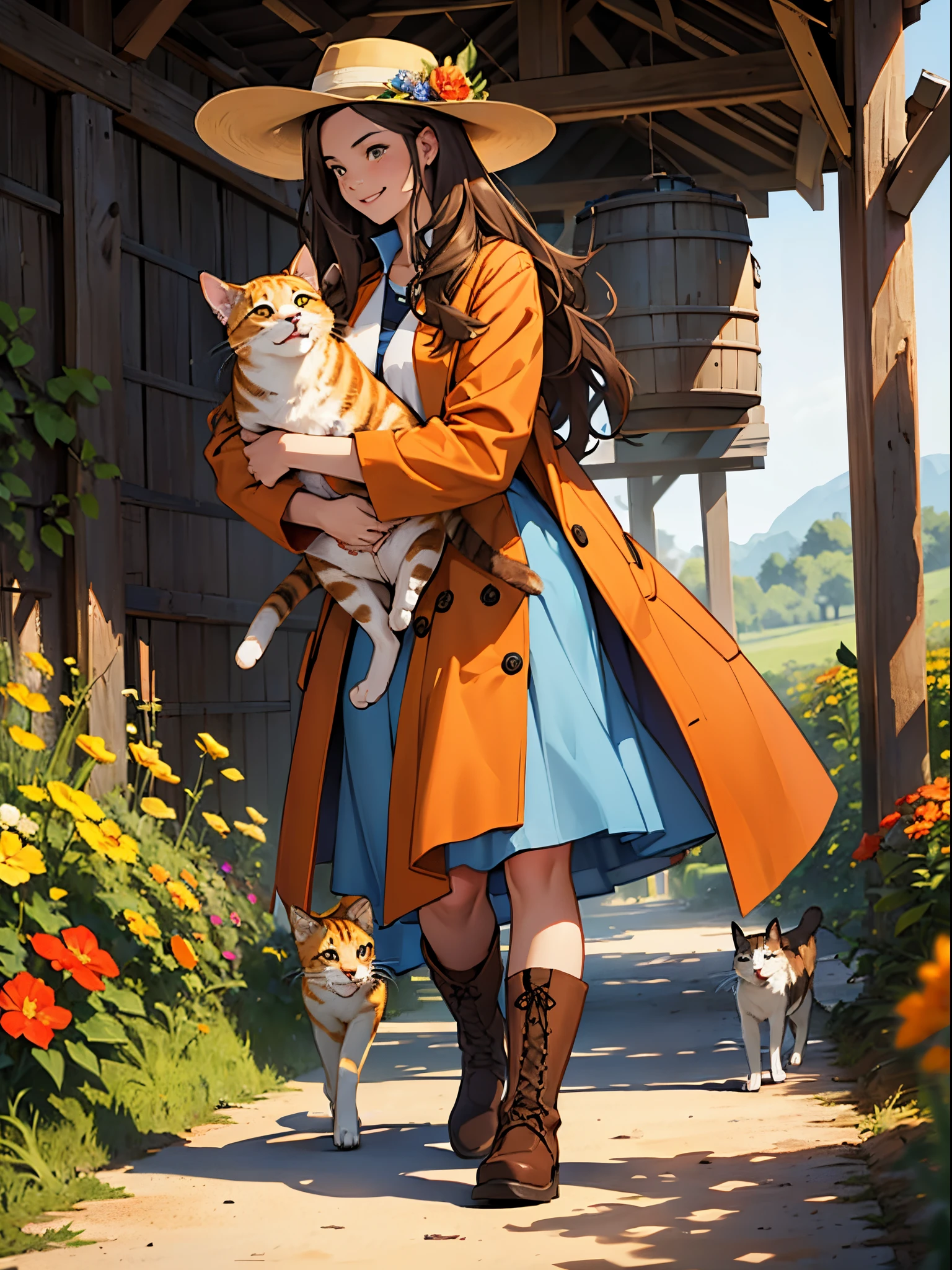 A girl with long Brown hair, Orange coat, white t-shirt, blue skirt, Brown tall boots, smiling, flower hat, holding a cat, farm with animals