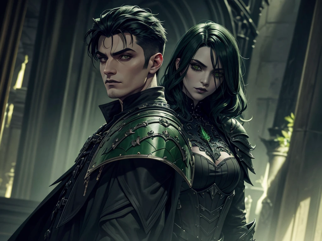 An adult vampire wizard character wearing a very detailed and beautiful gothic armor in black and green color his hair cut in a short style, black lip color, cor verde dos olhos;, manto, capuz, caminhando, 8k, Magnificent, Black and green gothic armor, capa
