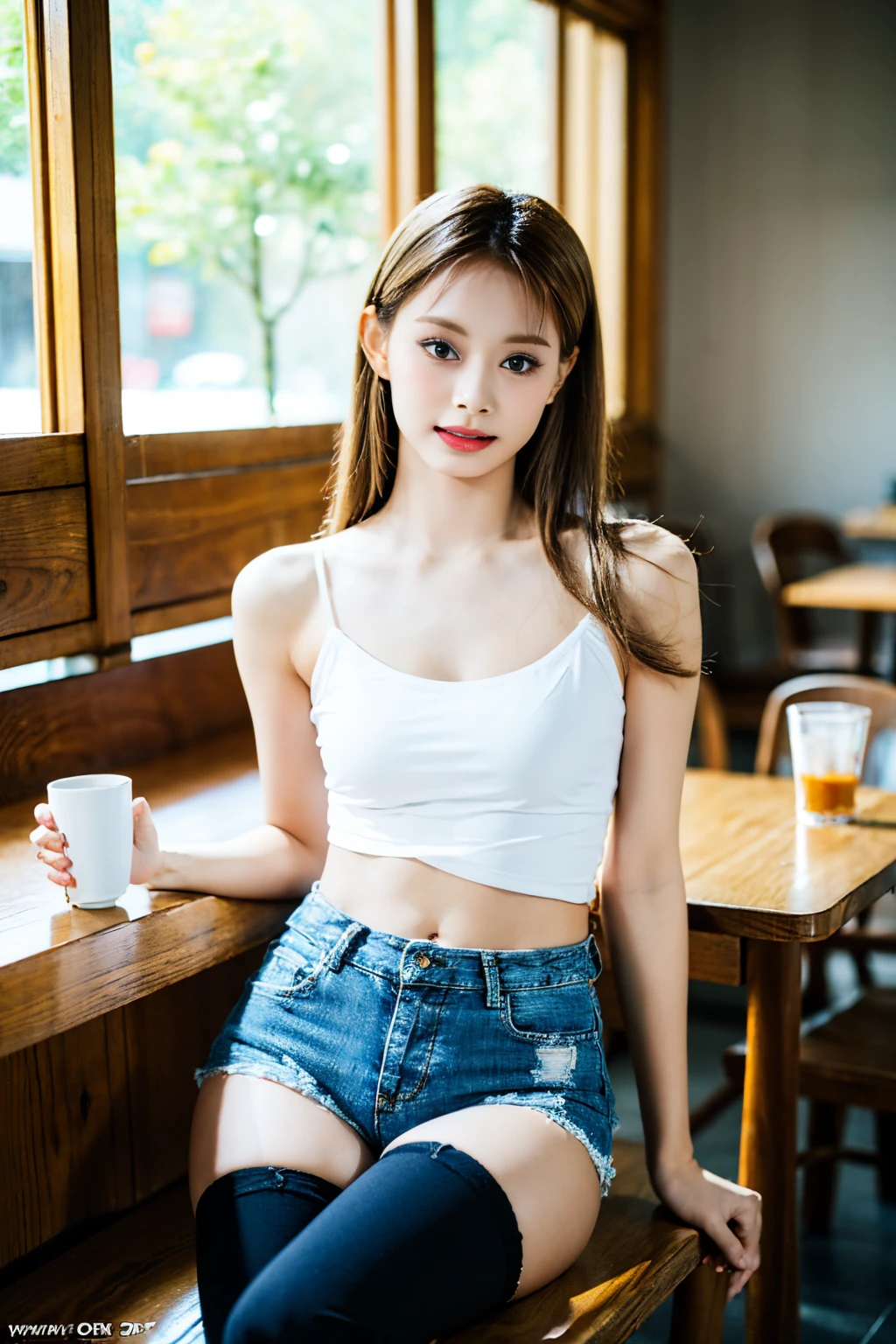 ung girl with perfect figure, super fine face and eyes, long hair, white tank top: 1.2, denim shorts, in a café, coffee on the table, (small breasts), (petite body), small body, exposed cleavage,(thigh highs:1.4), ((looking at viewer)), masterpiece, (8K, Reality, RAW photograph, best quality: 1.5), detailed, (realistic, high resolution:1.3), sexy pose, sitting, (legs wide open, spread legs open)