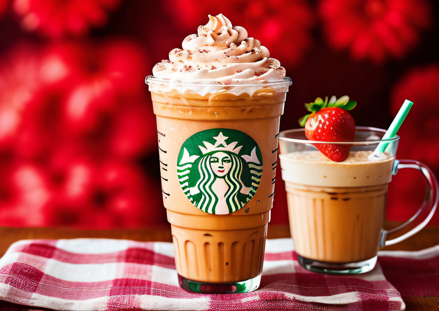 Starbucks Strawberry Cream Fraun Fraun Fraun, Starbucks, drinking a strawberry iced latte, medium close-up shot, a wide full shot, โค๐ฅ๐๐ช, F / 2 0, medium close-up shot, absolutely outstanding image, trending ๏ผ