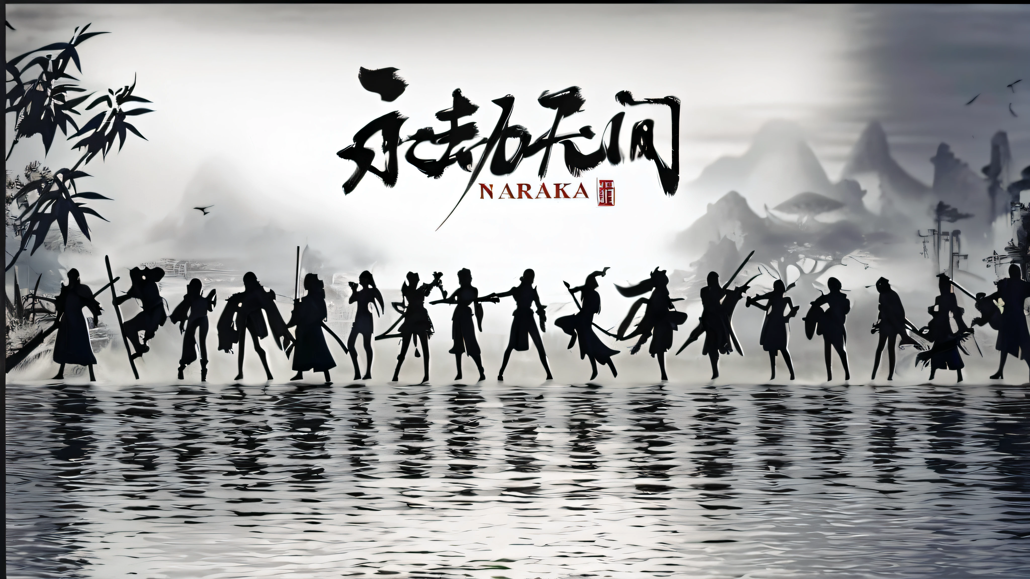 Picture of a group of people standing in the water in Arafad, full-body wuxia, wuxia, Inspired by Zhongyuan Nantianfang, inspired by Sōtarō Yasui, arasaka, Warring States Period Art Style, key art, author：Central Plains South House