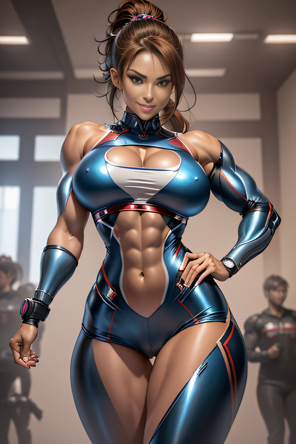 Textured skin, Super Detail, high details, High quality, Best Quality, hight resolution, 1080p, hard disk, Beautiful,(Iron Patriot),beautiful cyborg woman,Mecha Cyborg Girl,Battle Mode,Girl with a Mecha Body,mecha-armored,Fulll body Shot,Girl with a Mecha Body,She wears a futuristic combat cyborg mech,(Sharp Focus:1.2), Photo, attractive young woman, (Beautiful face:1.1), Detailed eyes, nippless、luscious lips, (smokey eye makeup:0.85), (large full breasts:1.3), (athletic bodies:1.5), Arafe woman solo with ponytail hair、Mischievous smile