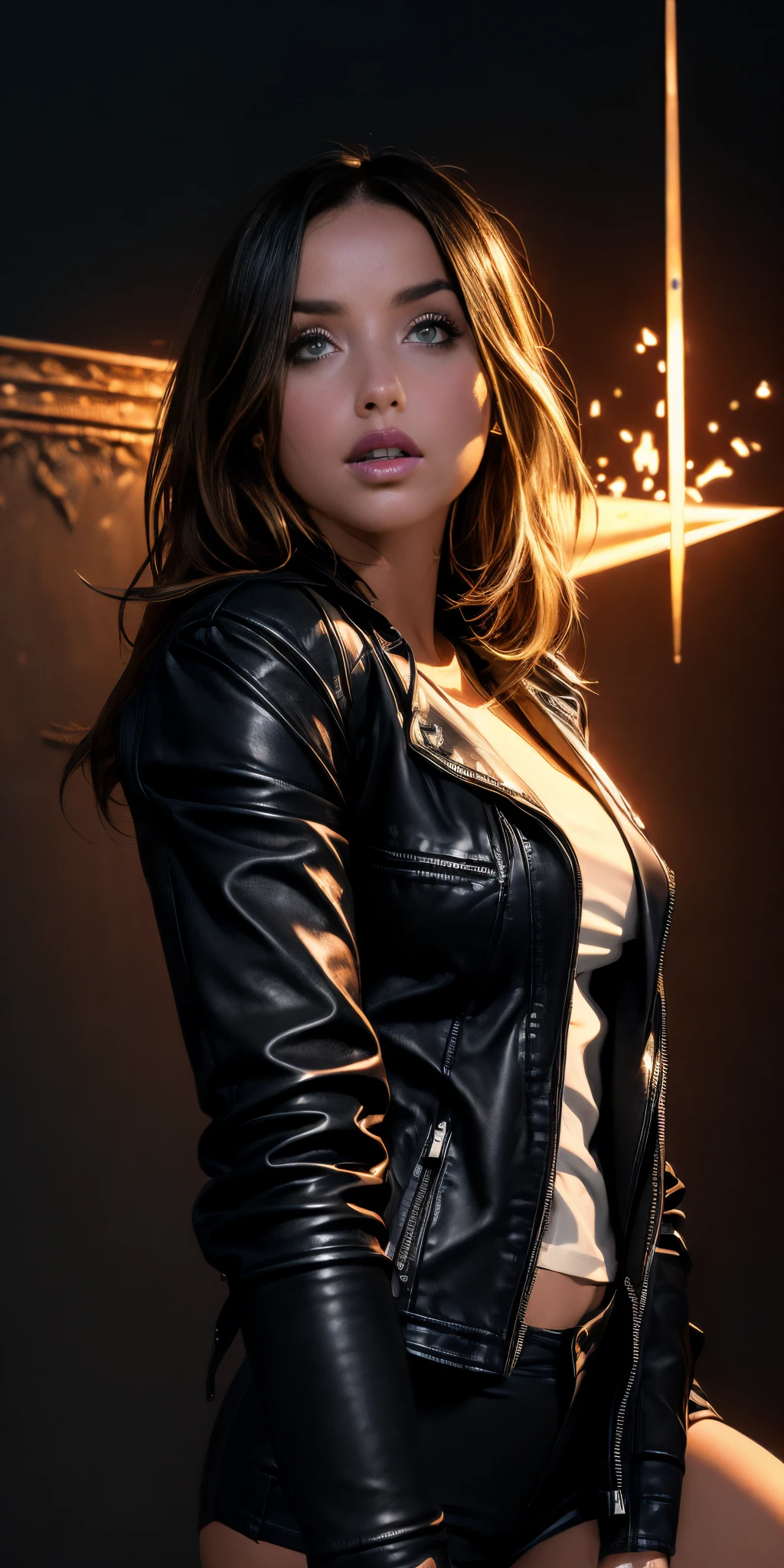 Very aesthetic inkpunk illustration, Ana De Armas lindissima, olhos azuis cintilantes, labios carnudos e rosados, cabelos pretos longos e cacheados (((wielding a magic spear in his right hand))), sentada em uma cadeira simples, corpo inteiro, separated-lips, naked,(((leather black jacket and white t-shirt))) , ripped jeans, big boobs, big booty, fundo da parede com graffiti, Arte por Mschiffer