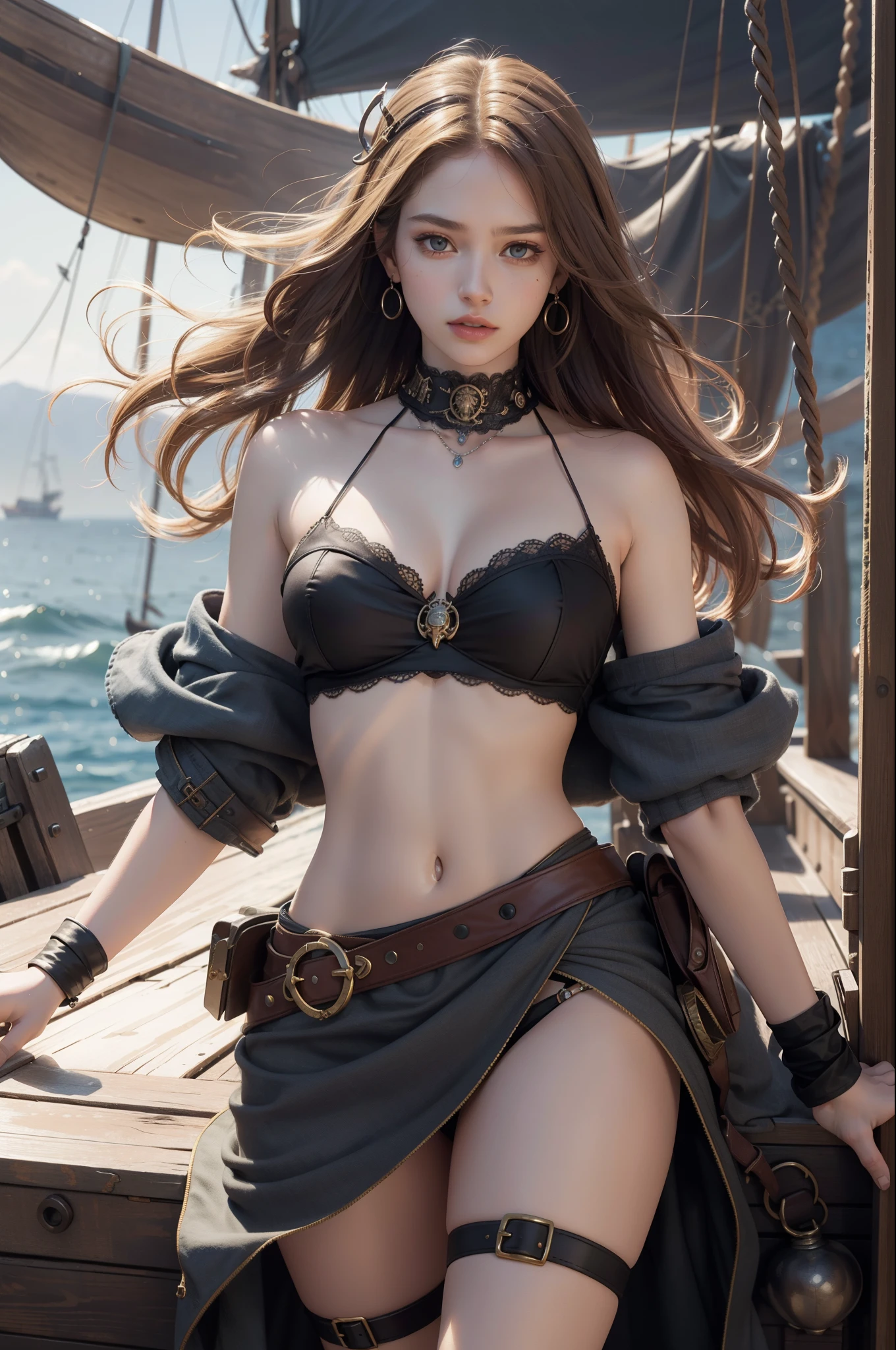 (1 girl:1.3), solo, (((very detailled face))),((Very detailed eyes and face))),Beautiful Detail Eye,Body parts__,official arts,Unified 8k wallpaper,is super detailed,Beautiful and beautiful,bella,MasterPiece,best best quality,primitive,MasterPiece,ultra fine photo,best best quality,extra high resolution,photorealistic realism,sunrays,fullbody portrait,amazingly beautiful,,dynamicpose,Delicate Faces,vibrant eye,(FROM FRONT), large breasted,Female pirate,on a pirate ship,Detailed face,Highly detailed skin,