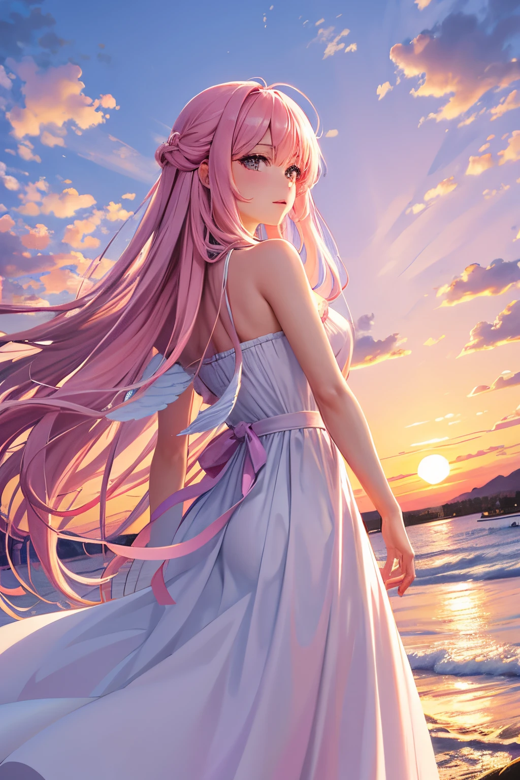 best quality angel in the sunset angel world pretty sunset, pinks, purples, blues, long hair,