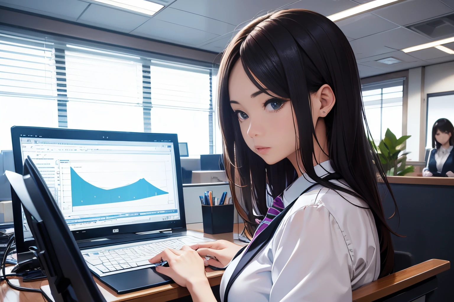 Office lady working on a computer at her office desk、1girl in,  serious