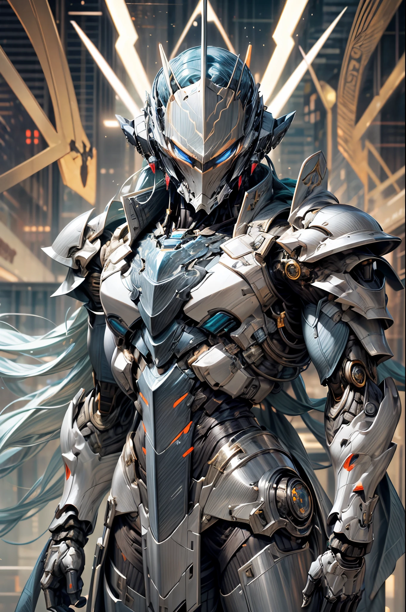 (((An epic and visually stunning digital anime masterpiece featuring a sylphlike masculine male space angel clad in a sleek yet tactical white armored military trench coat:1.2))), (((flat masculine male chest:1.5, mechanical mecha knight head:1.5))), (((the character is adorned in a (scifi tactical armored open front trench coat with a built in exoskeleton, hood pulled up) (over a form fitted armor plated yet super sleek and revealing under suit with waist cut outs), the armor plating on the upper arms and shoulders beautifully engraved))):1.4. The image showcases the intricacies of the character’s armor and clothing, ((capturing their flamboyant essence and heavy mecha aesthetic:1.2)). The character also possesses an androgynous charm, (((with slim yet heavily muscled physique:1.2, sylphlike with a sleek waist, toned yet beautifully sleek cybernetic arms:1.3, mechanical arms and legs:1.3, mecha muscles:1.3))), looking at viewer