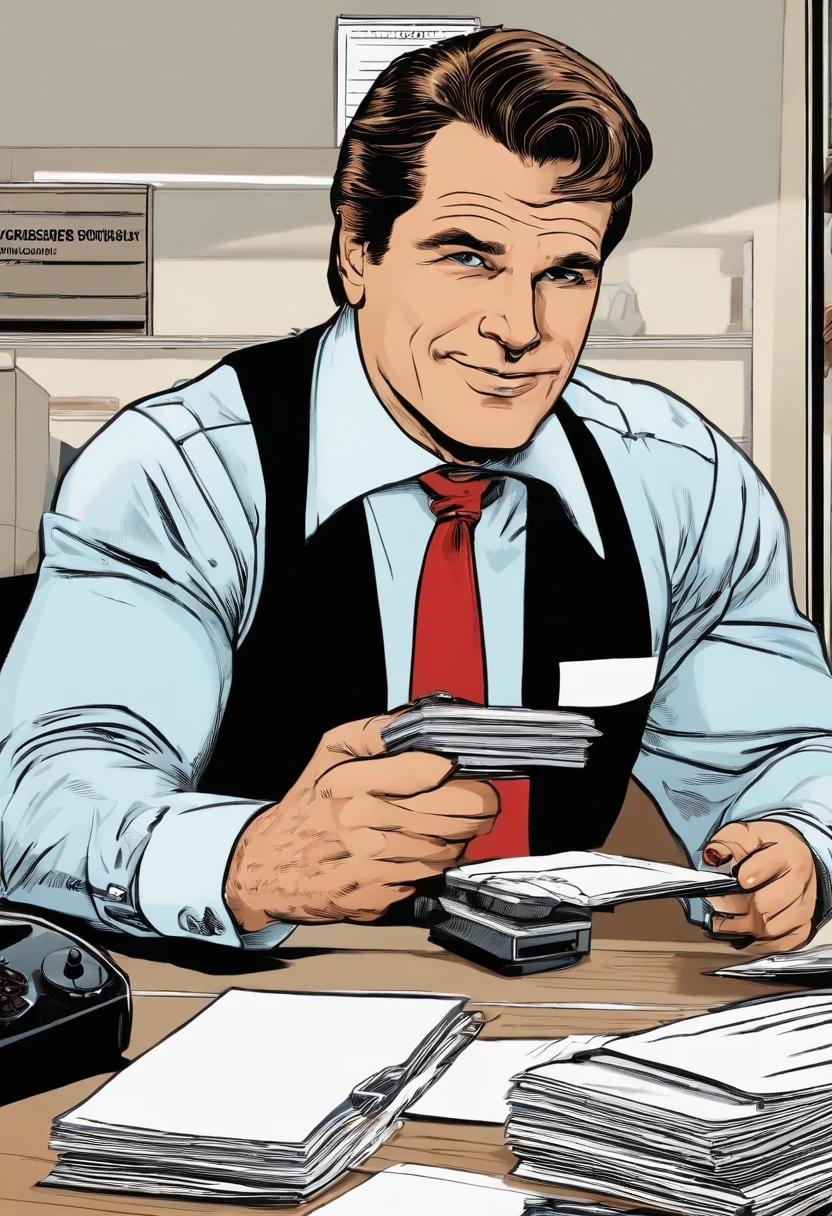 A photo of a desk with a stack of TPS reports and a red stapler,Office Space movie,Lumbergh is typically seen in a business-casual attire, sporting a white collared shirt, suspenders, and off-color tie. His hair is neatly combed back, and he is almost always seen carrying a coffee mug, further emphasizing his corporate persona. He drives a blue Porsche 911. , male