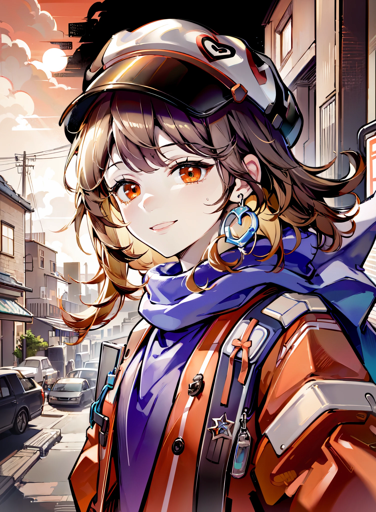 (masterpiece:1.2), (pale skin:1.2), (solo:1.2), (female:1.1), (emphasis lines:1.3), headwear, orange attire, orange eyes, outdoors, sky, scarf, smile