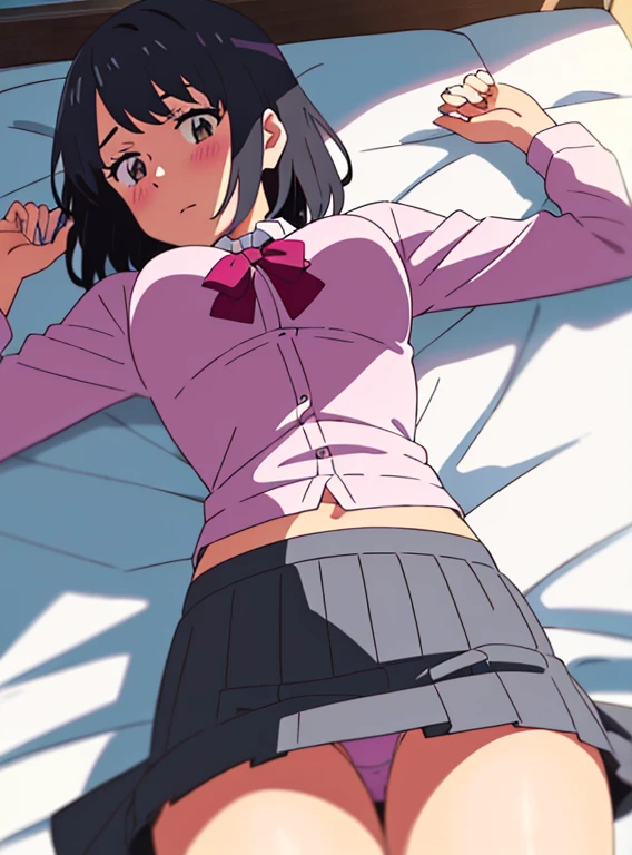 shinkai makoto, kimi no na wa., 1girl, bangs, bed sheet, black hair, blush, breasts, medium breast, brown eyes, red bow, short hair, solo, upper body, white long sleeve shirt, cowboy shot, groin, lying, medium breasts,  on back, grey skirt, bedroom, skirt lift, gray skirt, showing pink panties