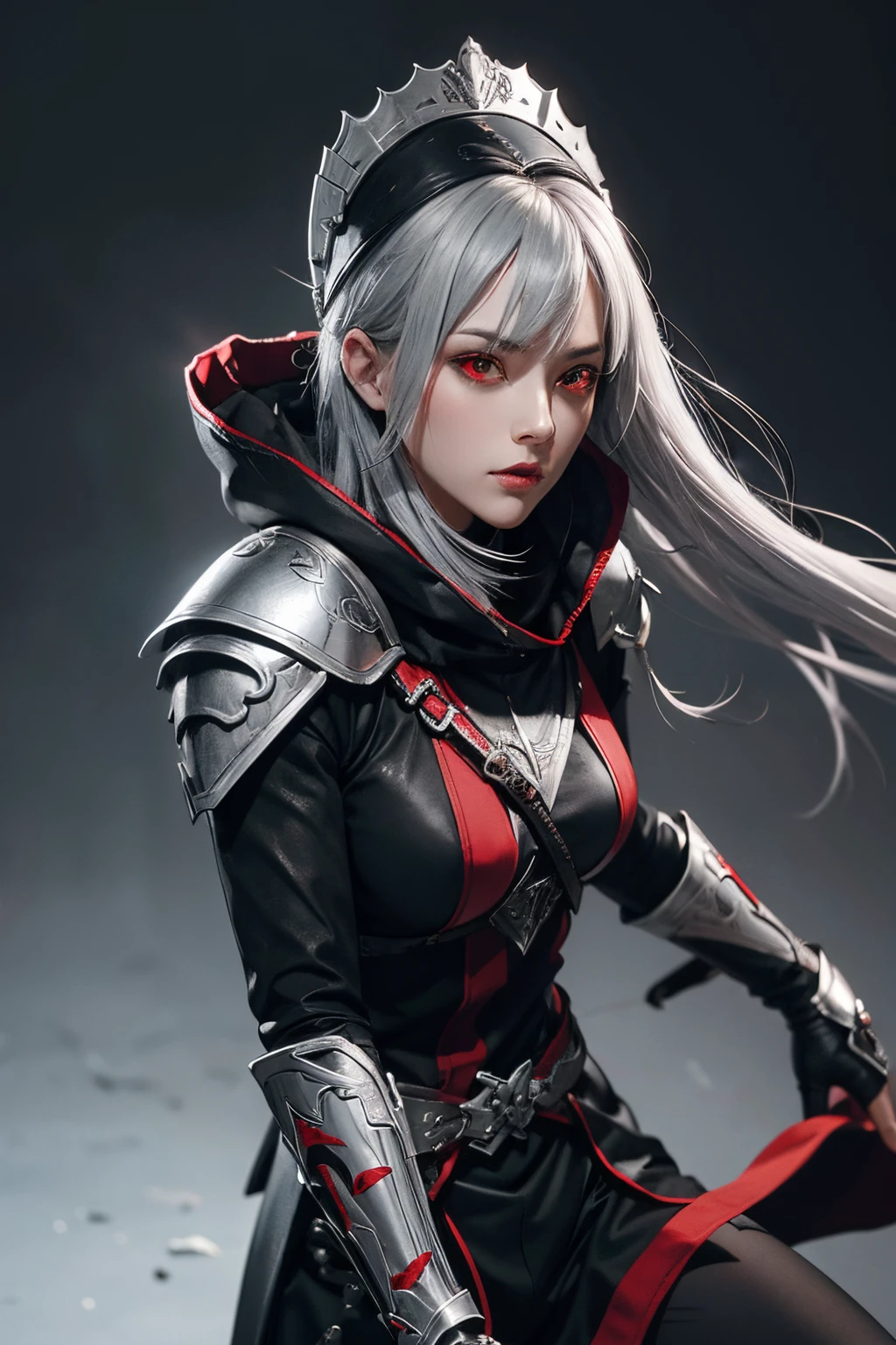 Assassin,silver and gray hair,silver and black and red helmet close face,red eye,black costume,silver armor,red short cloak,red and silver glove