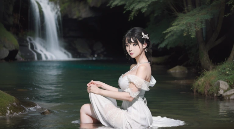 Anime girl in a white dress sitting in the water with a waterfall in the background, anime goddess, a beautiful fantasy empress, artwork in the style of guweiz, beautiful alluring anime woman, Trending on CGSTATION, guweiz, A beautiful maiden, goddess of Japan, Very detailed ArtGerm, guweiz masterpiece, ruan jia and artgerm, Smooth Anime CG Art