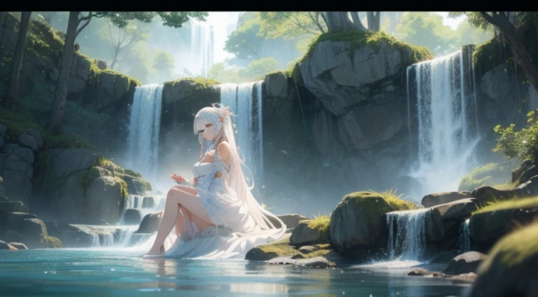 Humanoid creature, extra arms, pale skin, very long silver hair, closed eyes, sitting on a rock, water around her, inside a cave