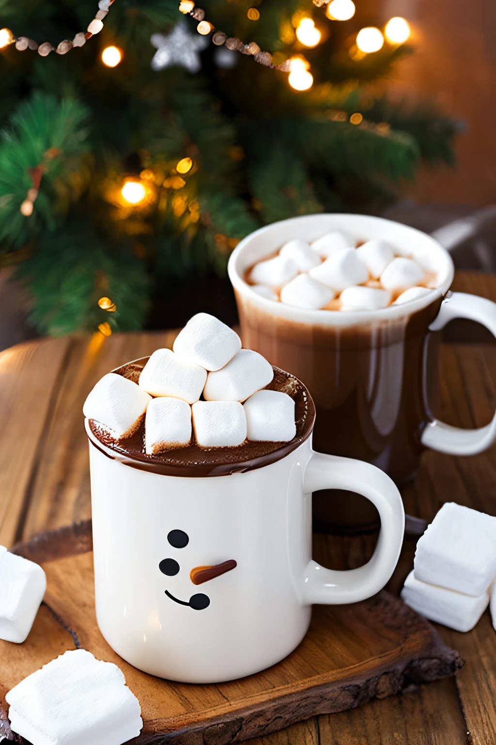 Can be topped with seasonal drinks、Mug with melting marshmallows and snowman hot chocolate