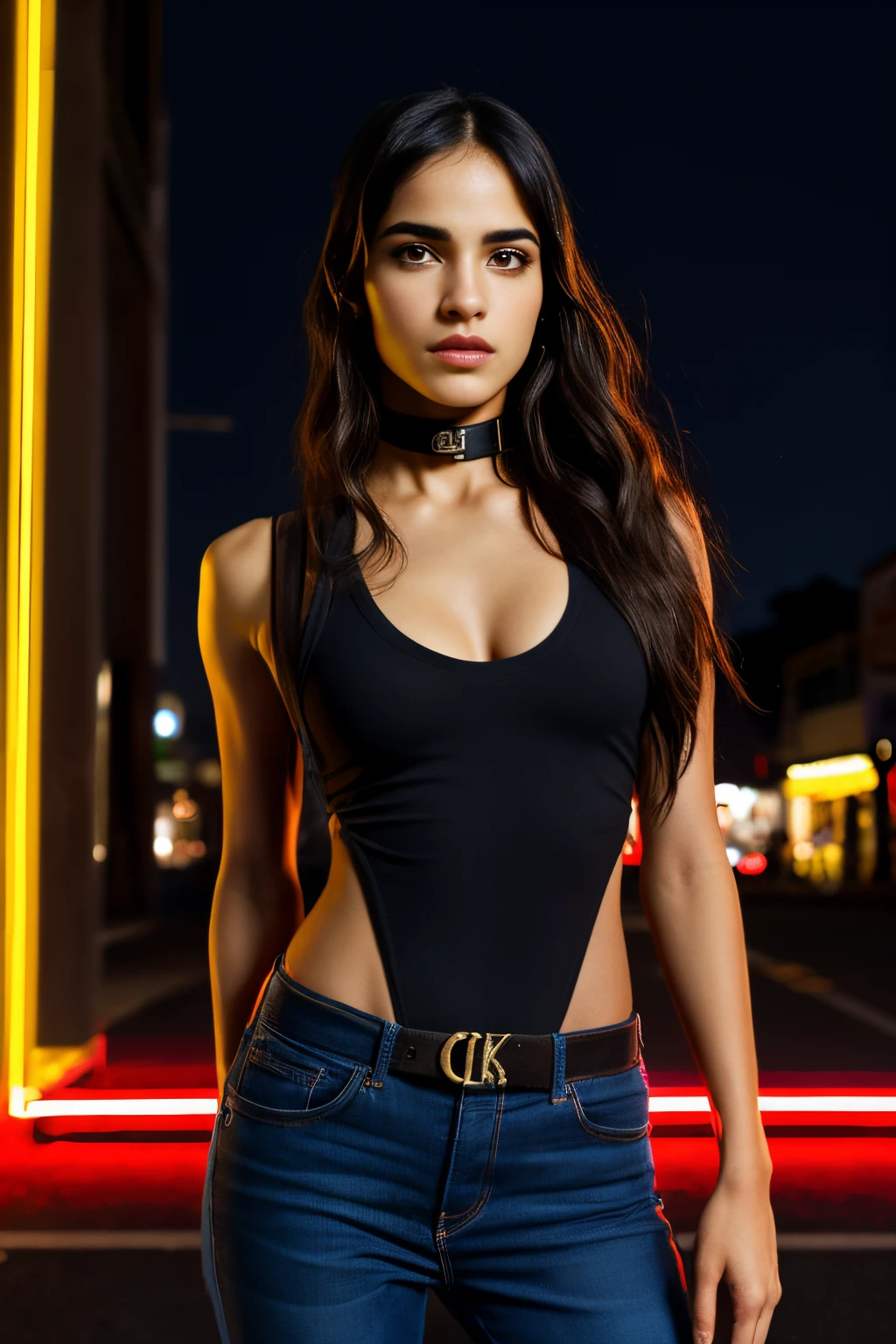 sofia boutella 8K, Masutepiece, Foto RAW, La mejor calidad, detalle:1.2),fotorrealista, fondo de pantalla CG unificado 8k extremadamente detallado, Profundidad de campos, cinematiclight, Destello de lente, Trazado de rayos, (cara extremadamente hermosa, labios hermosos, Hermosos ojos), Cara de detalle intrincado, ((Piel ultra detallada)) , A oscuras, sombra profunda, hermosa sofia boutella esbelto cuerpo musculoso:1.3), ((Ver el visor)), usando tanga de encaje blanco , (Noche de la ciudad, (Neon light sign), (Noche),, Pendientes, brazalete, collar, pantys, ojos claros, andante , (Pale skin), Cara hacia adelante, , ((Tiro en la parte superior del cuerpo)), , tanga de encaje , Go back, Tiro trasero,