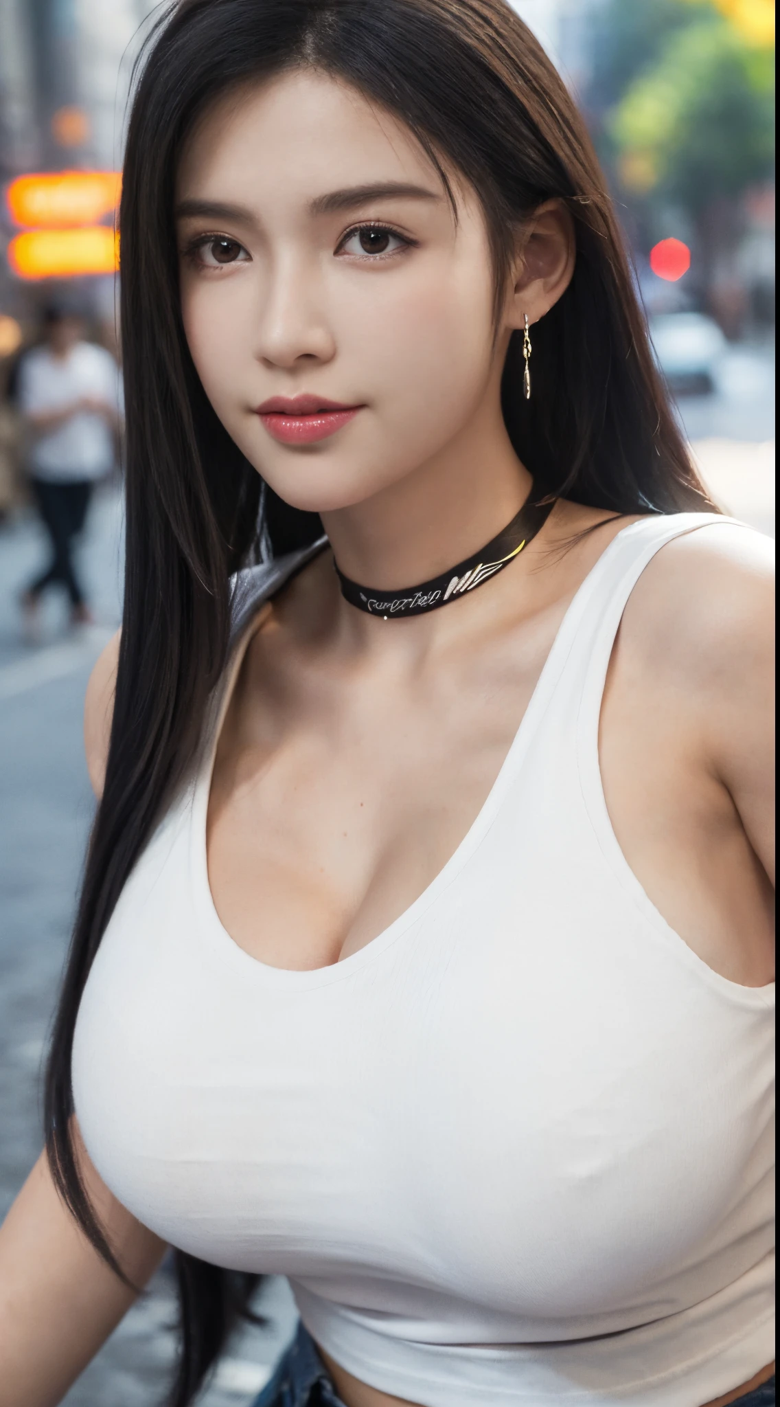 8K,hyper HD,tmasterpiece, Best quality, cinematic Film still from, 1 plump girl, the street, Low-cut transparent dress, Colossal tits,Colossal tits,Bigchest,low chest, Close-up cleavage, bright, cheerful, Warm and soft lighting, (fog atmosphere: 0.7) no brassiere,(Low-cut T-shirt:1.3),Wear earrings,overmany,ssmile, choker necklace,Metropolitan streets,A plump chest