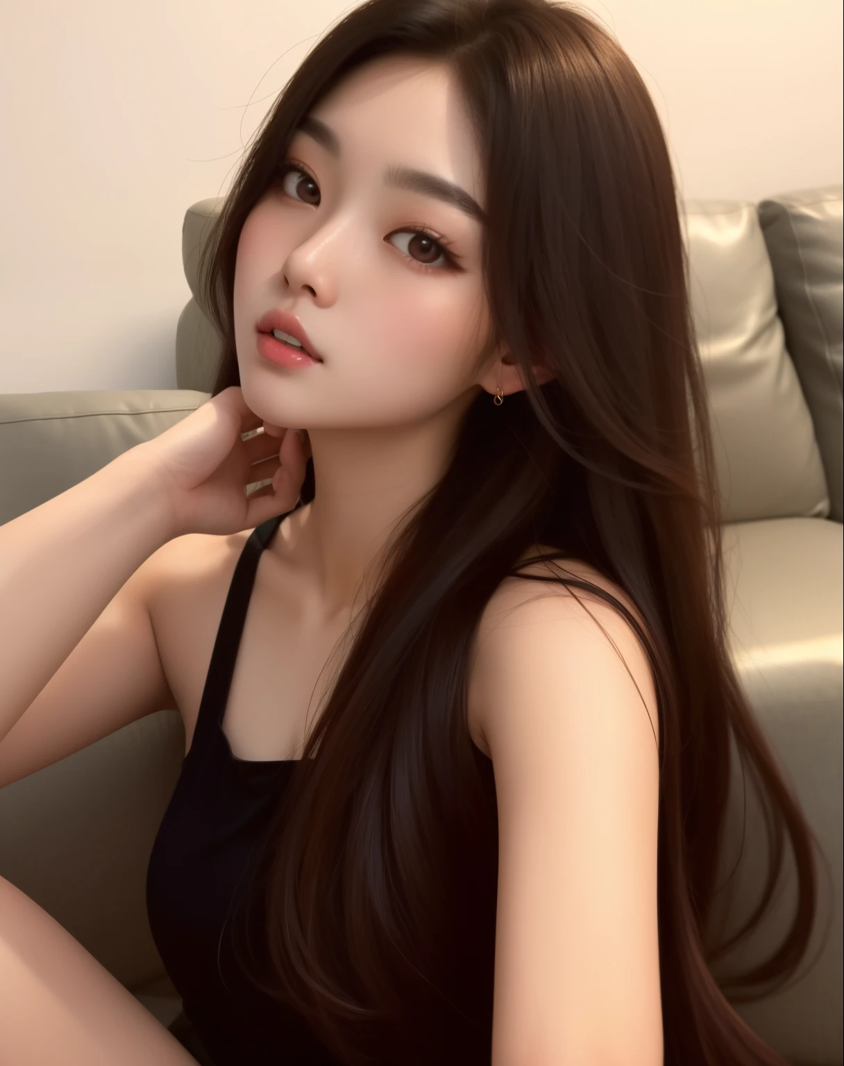 A closeup of a woman sitting on a sofa with a black top, linda mulher coreana jovem, Mulher sul-coreana bonita, mulher coreana jovem bonita, menina coreana, Asian girl with long hair, Beautiful Asian girl, Jaeyeon Nam, young adorable korean face, com cabelos longos, young cute wan asian face, Heonhwa Choe, Ulzzang