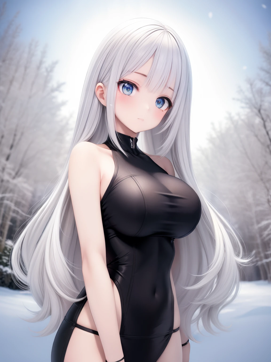 big breasts beautiful, Young woman, In the crystal and ice zone, drifting snow, White hours, Gradient hair, White hair, white hairs, long hair, eyes reflection, disdain, Ray traching, reflective light, blurry, Glowing light, depth of fields, lightand shade contrast, stereograms, zoom layer, cowboy lens, f/2.8, Bokeh, tmasterpiece, best qualtiy, high qulity, k hd,upper body