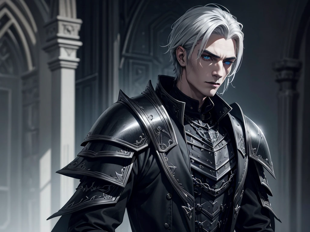 An adult vampire wizard character wearing a very detailed and beautiful gothic armor in black and silver color his hair cut in a short style, black lip color, cor azul dos olhos, manto, capuz, caminhando, 8k, Magnificent, Black and silver gothic armor, capa