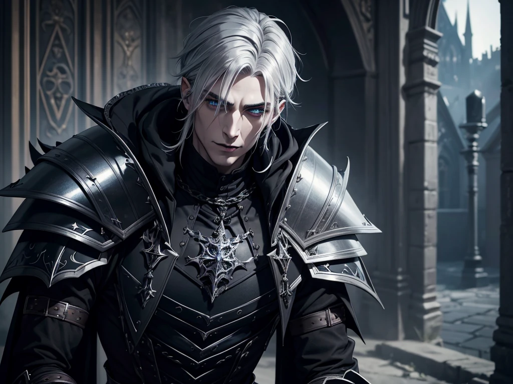 An adult vampire wizard character wearing a very detailed and beautiful gothic armor in black and silver color his hair cut in a short style, black lip color, cor azul dos olhos, manto, capuz, caminhando, 8k, Magnificent, Black and silver gothic armor, capa