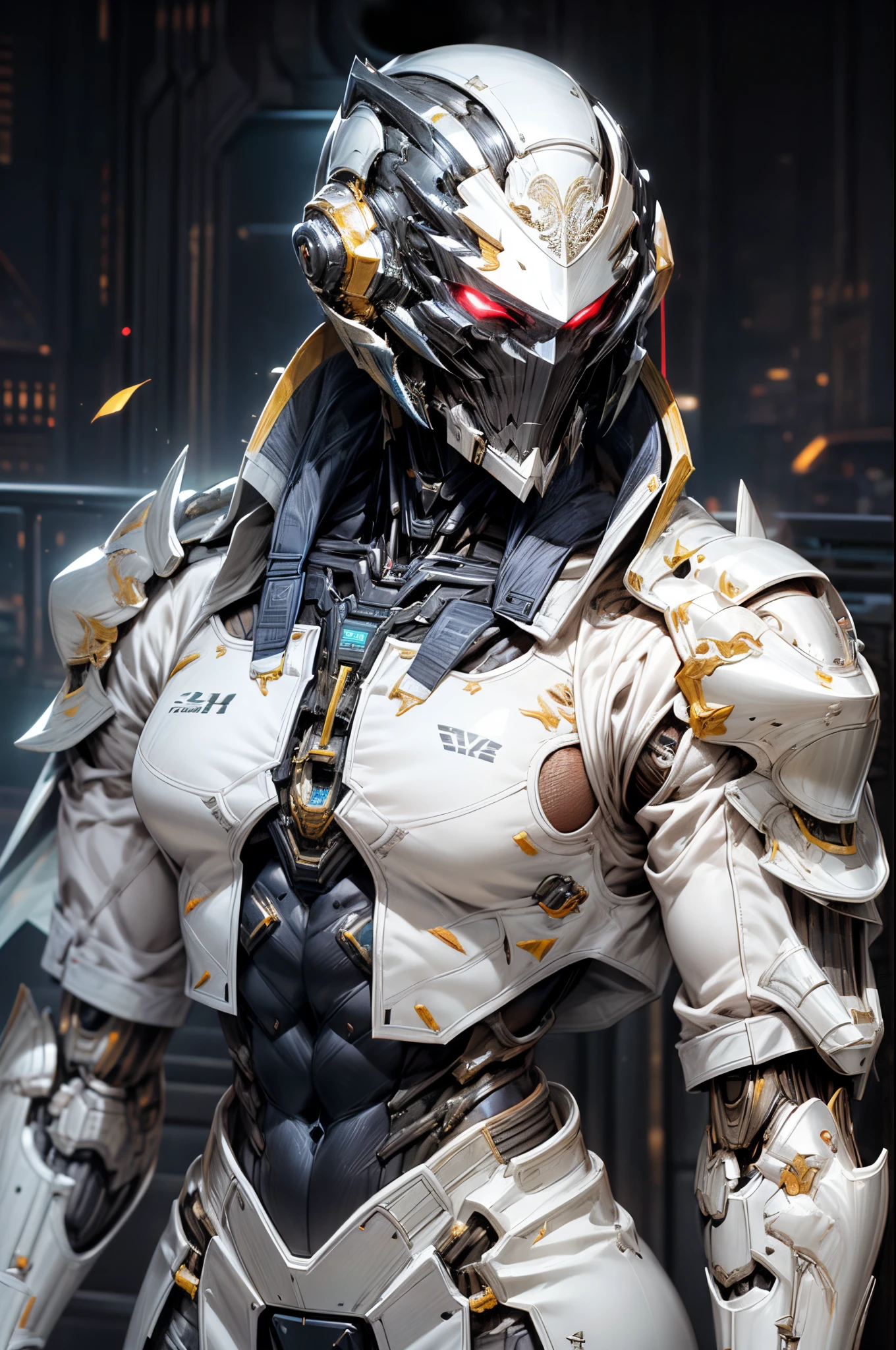 (((An epic and visually stunning digital anime masterpiece featuring a sylphlike masculine male space angel clad in a sleek yet tactical white armored military trench coat:1.2))), (((flat masculine male chest:1.5, mechanical mecha knight head:1.5))), (((the character is adorned in a (scifi tactical armored open front trench coat with a built in exoskeleton, hood pulled up) (over a form fitted armor plated yet super sleek and revealing under suit with waist cut outs), the armor plating on the upper arms and shoulders beautifully engraved))):1.4. The image showcases the intricacies of the character’s armor and clothing, ((capturing their flamboyant essence and heavy mecha aesthetic:1.2)). The character also possesses an androgynous charm, (((with slim yet heavily muscled physique:1.2, sylphlike with a sleek waist, toned yet beautifully sleek cybernetic arms:1.3, mechanical arms and legs:1.3, mecha muscles:1.3))), looking at viewer